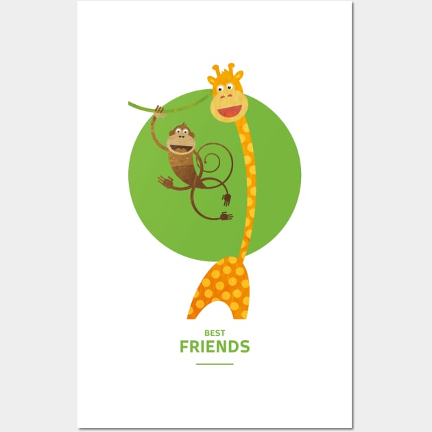 Illustration nursery for friends - giraffe and monkey Wall Art by Piakolle